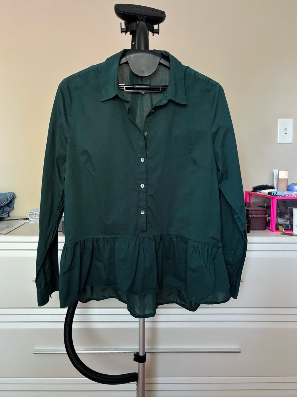 Ann Taylor Dark Teal Ruffle-Hem Button Down Blouse